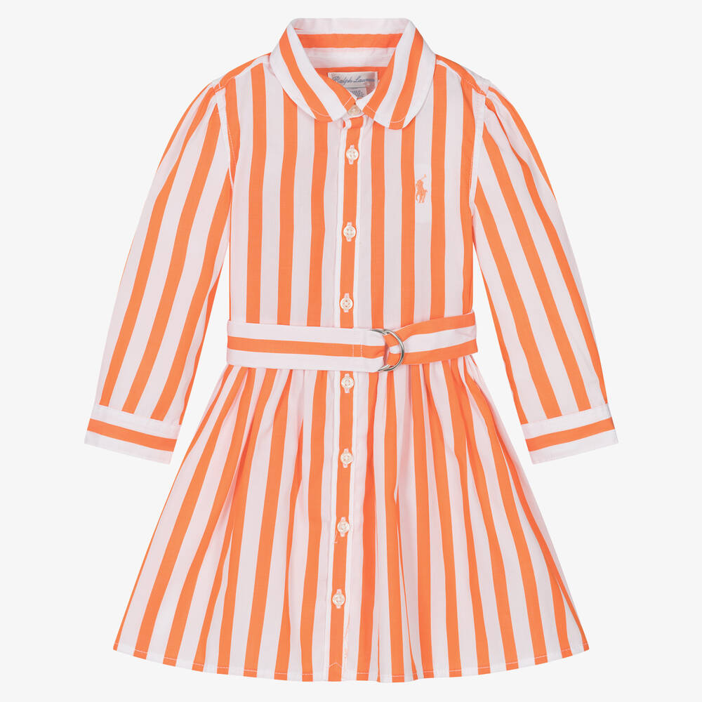 Ralph Lauren - فستان قطن بوبلين لون أبيض وبرتقالي | Childrensalon