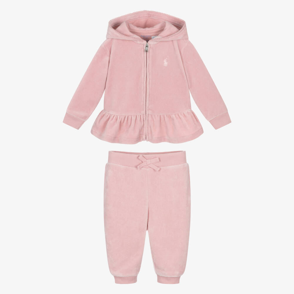 Ralph Lauren-Baby Girls Pale Pink Velour Hooded Tracksuit | Childrensalon Outlet