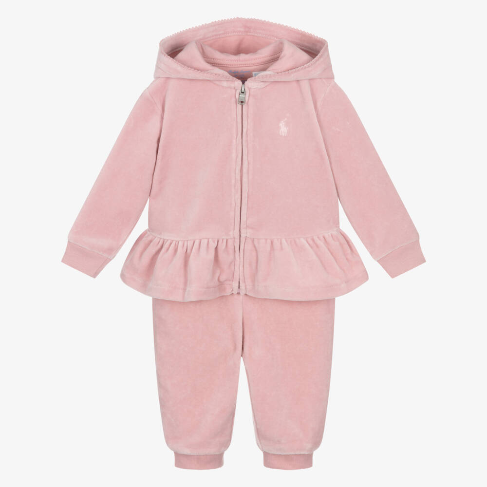 Ralph Lauren-Baby Girls Pale Pink Velour Hooded Tracksuit | Childrensalon Outlet