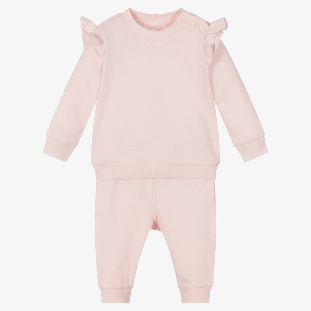 Ralph Lauren - Baby Girls Pink Cotton Ruffle Tracksuit | Childrensalon