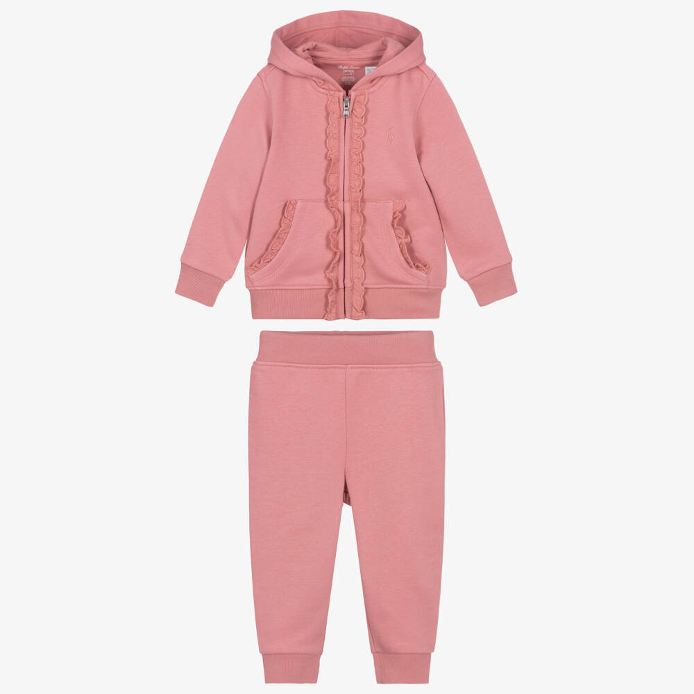 Ralph Lauren-Baby Girls Pink Cotton Ruffle Tracksuit with Pony Logo | Childrensalon Outlet