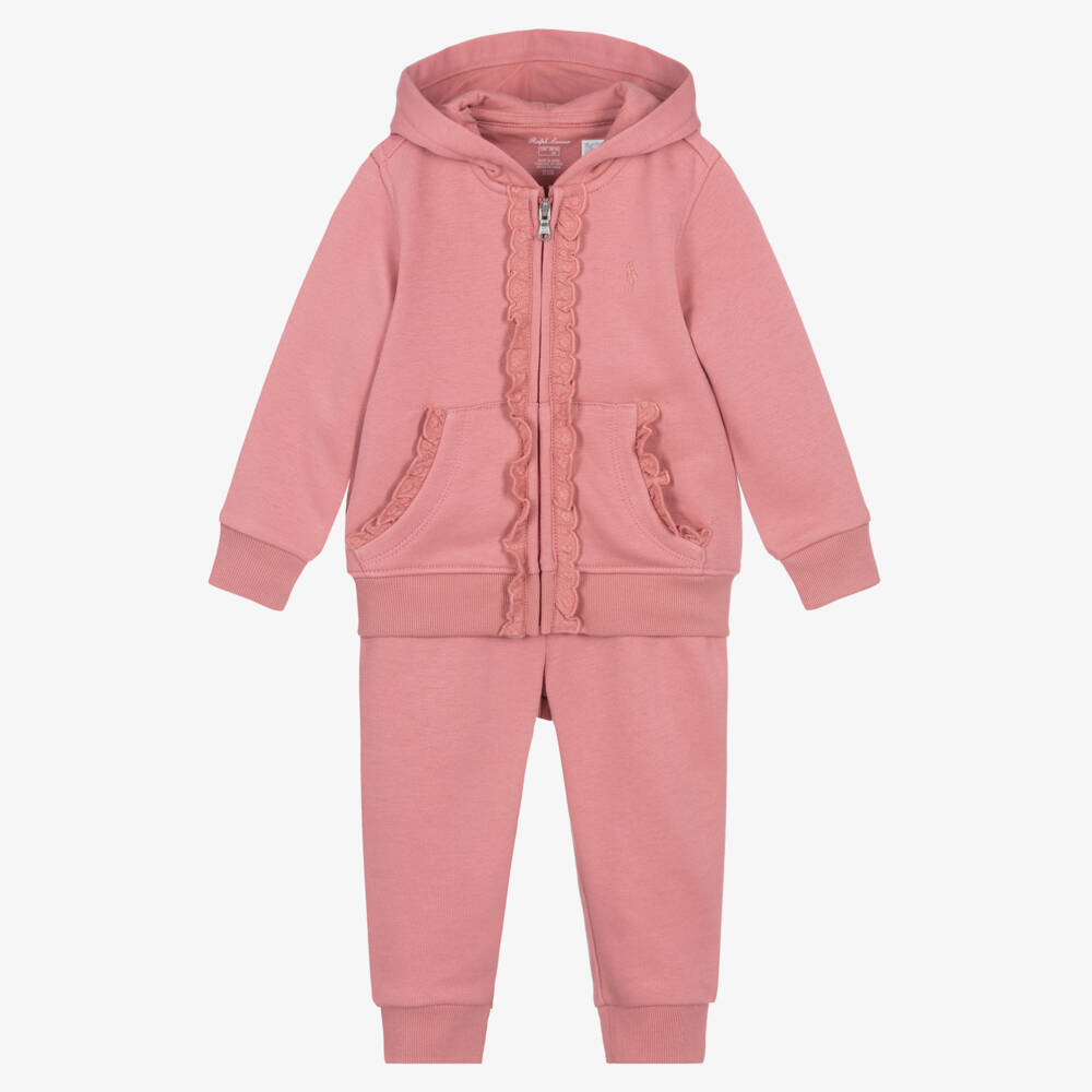 Ralph Lauren-Baby Girls Pink Cotton Ruffle Tracksuit with Pony Logo | Childrensalon Outlet