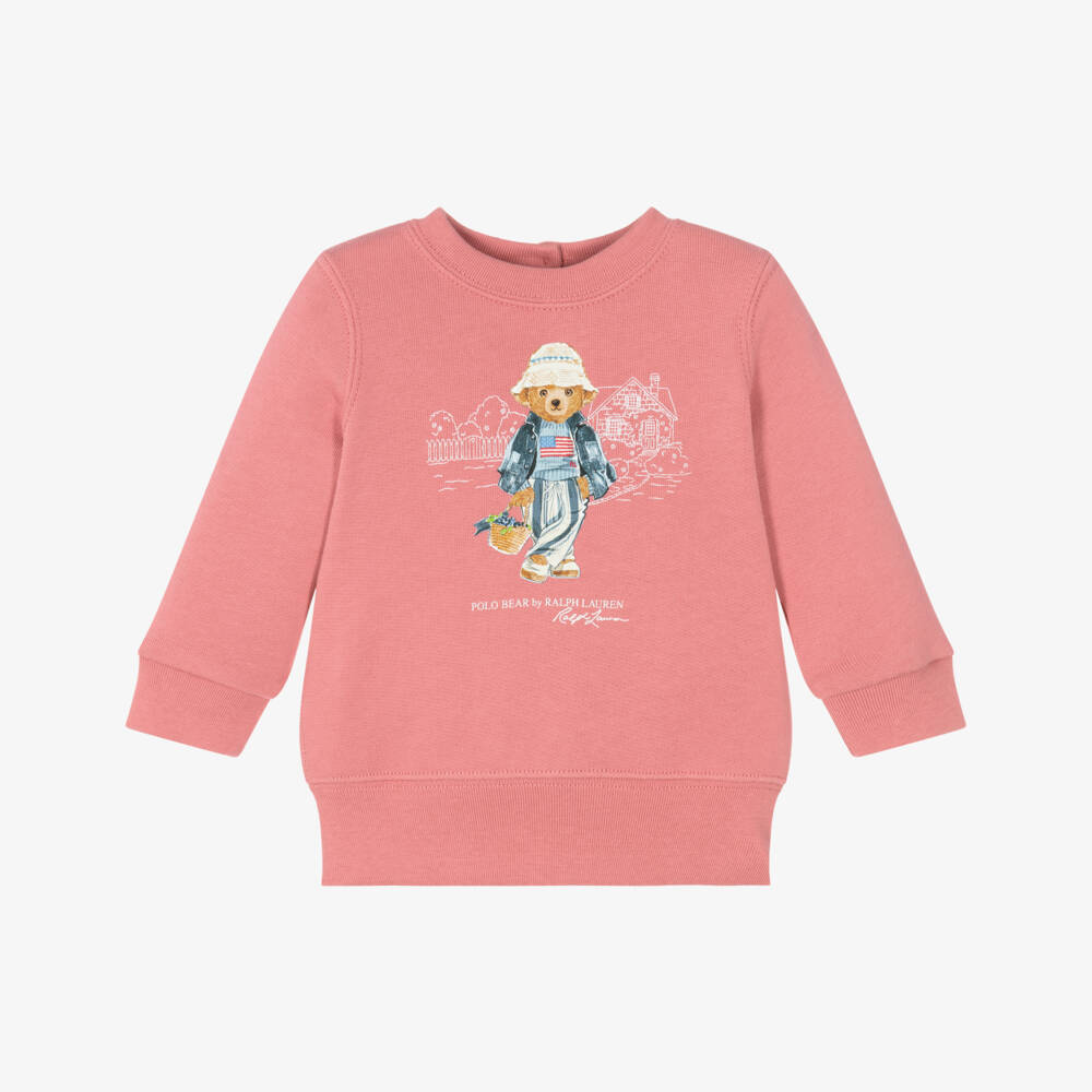 Ralph Lauren-Baby Girls Pink Jersey Sweatshirt with Polo Bear Motif | Childrensalon Outlet