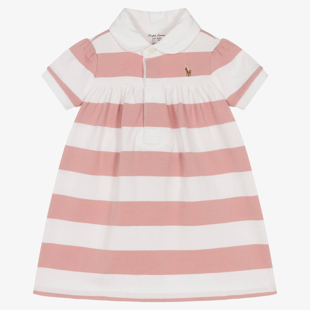 Ralph Lauren - فستان قطن مقلم لون زهري وأبيض للمولودات | Childrensalon