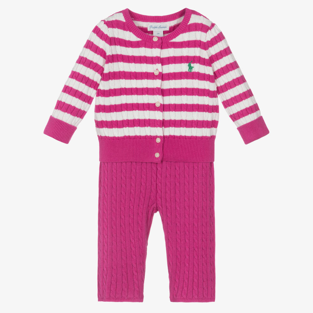 Ralph Lauren-Baby Girls Pink Striped Cable Knit Trouser Set | Childrensalon Outlet