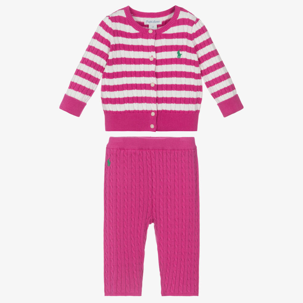 Ralph Lauren-Baby Girls Pink Striped Cable Knit Trouser Set | Childrensalon Outlet
