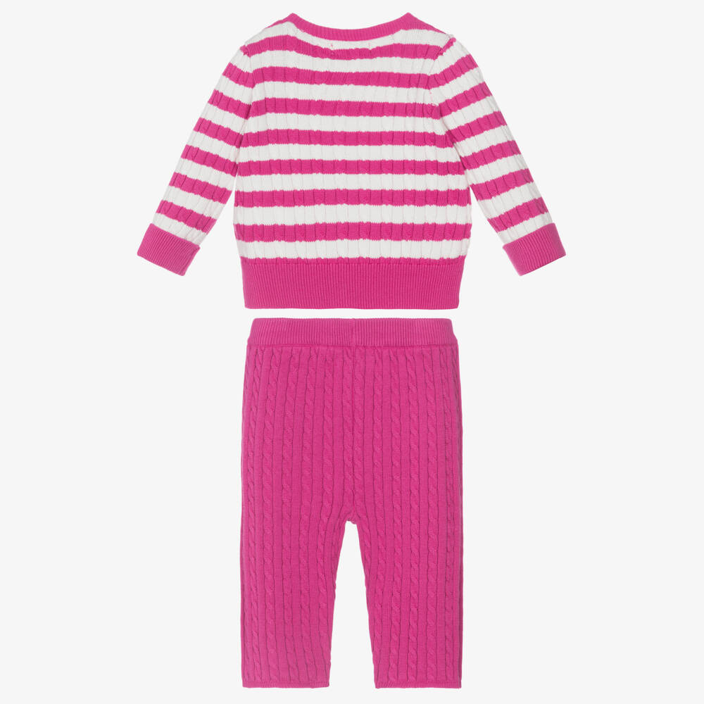 Ralph Lauren-Baby Girls Pink Striped Cable Knit Trouser Set | Childrensalon Outlet