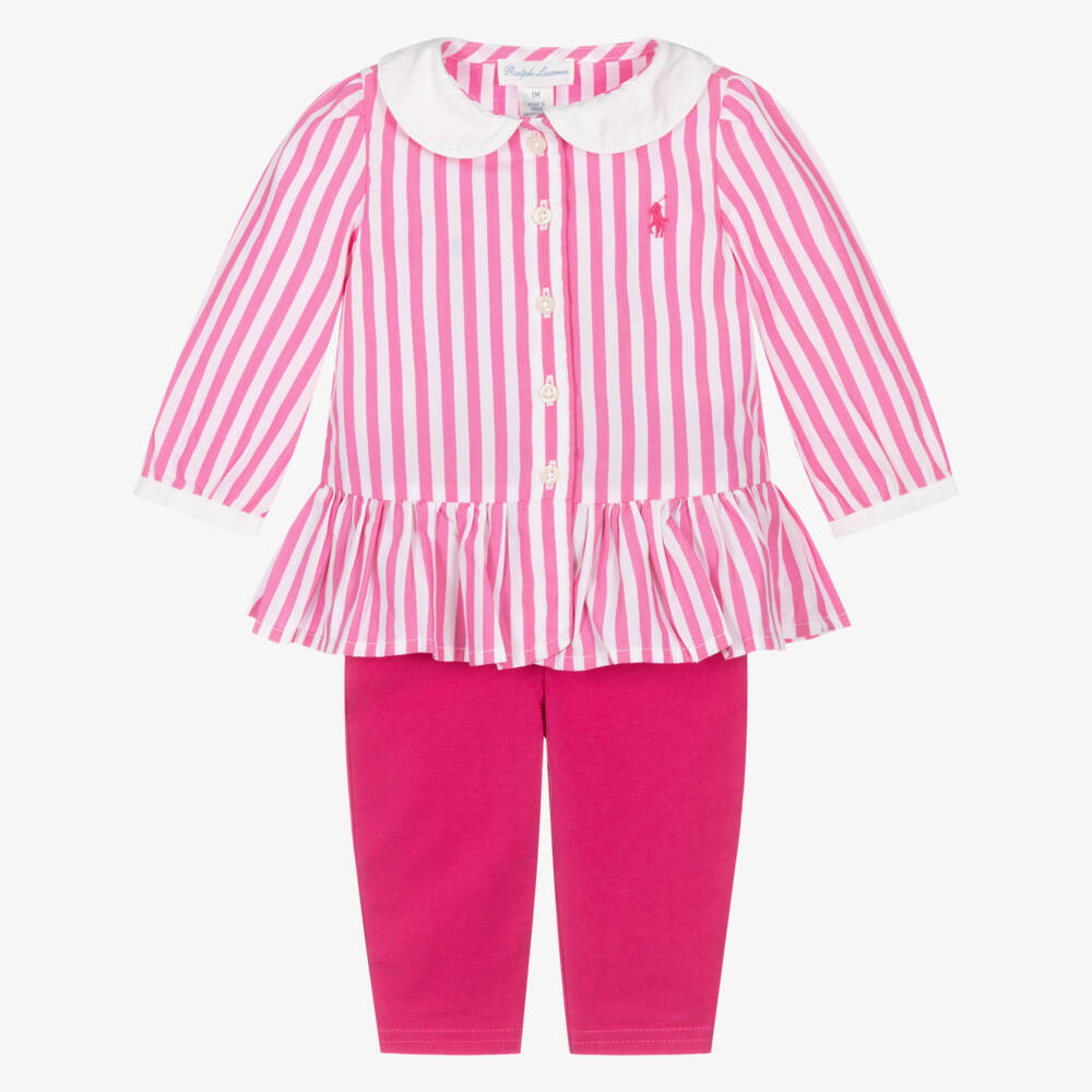 Ralph Lauren-Baby Girls Pink Striped Cotton Leggings Set with Bows | Childrensalon Outlet
