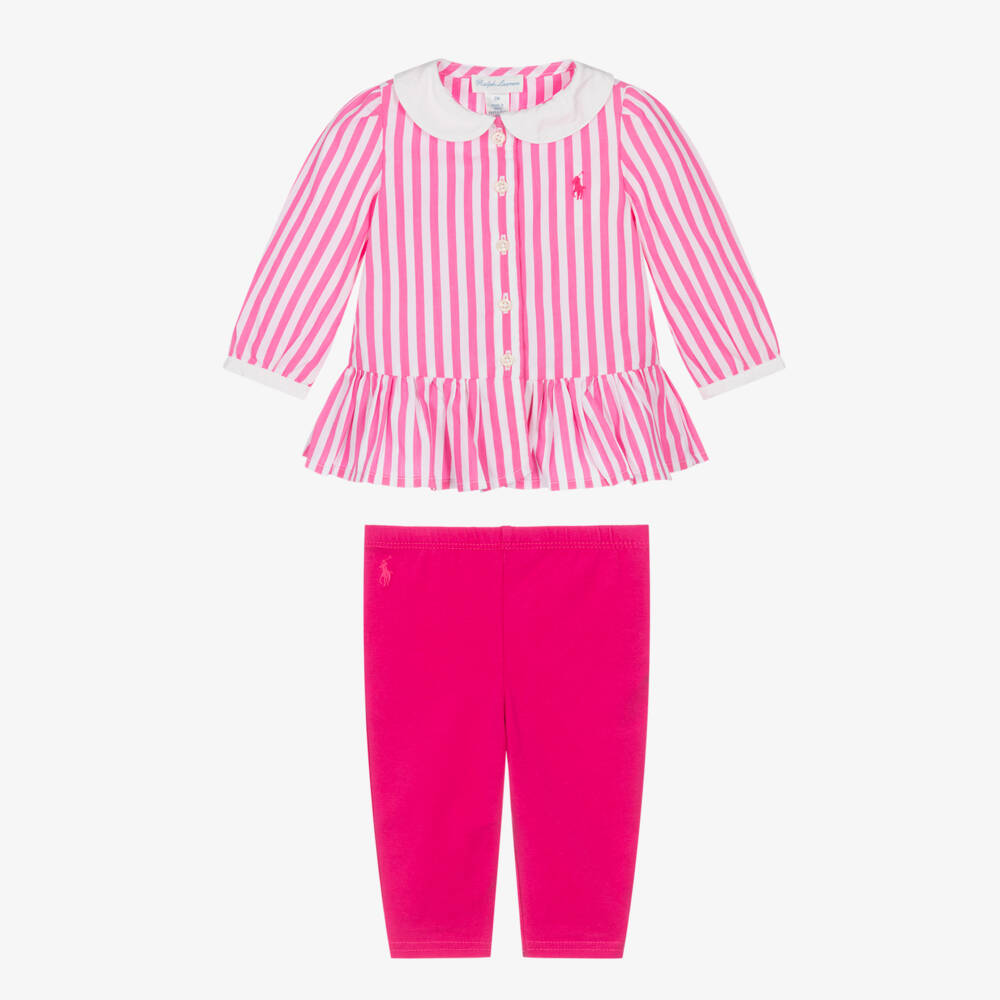 Ralph Lauren-Baby Girls Pink Striped Cotton Leggings Set with Bows | Childrensalon Outlet