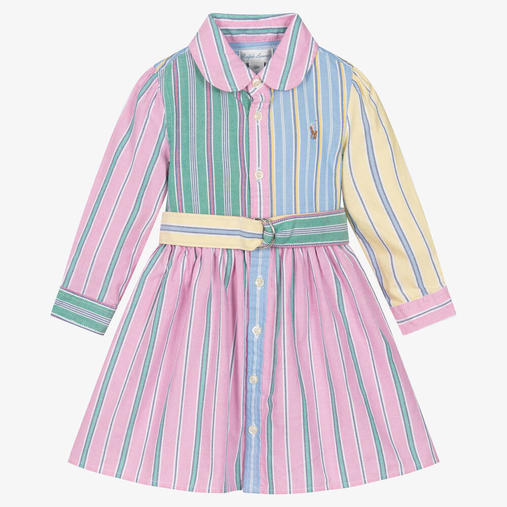 Ralph Lauren - فستان قميص قطن أكسفورد مقلم لون زهري للمولودات | Childrensalon