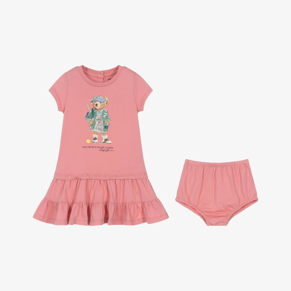 Ralph Lauren-Baby Girls Pink Tennis Polo Bear Cotton T-Shirt Dress | Childrensalon Outlet