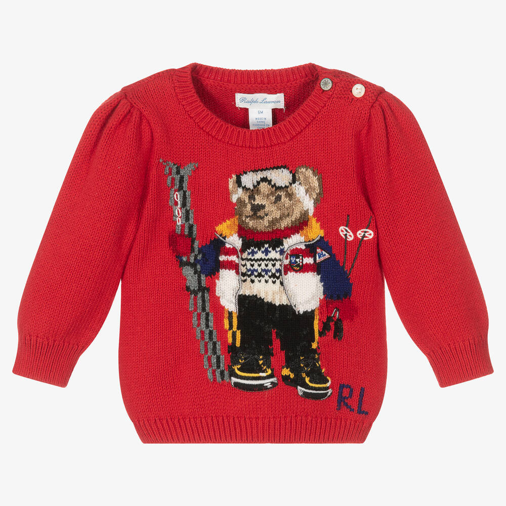 Ralph Lauren-كنزة قطن محبوك لون أحمر للمولودات | Childrensalon Outlet