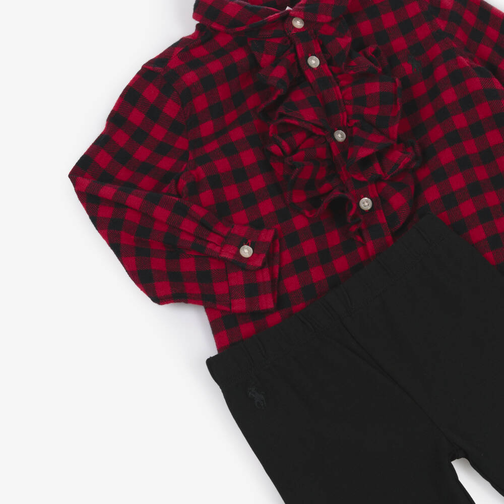 Ralph Lauren-Baby Girls Red Check Cotton Ruffle Top & Leggings Set | Childrensalon Outlet