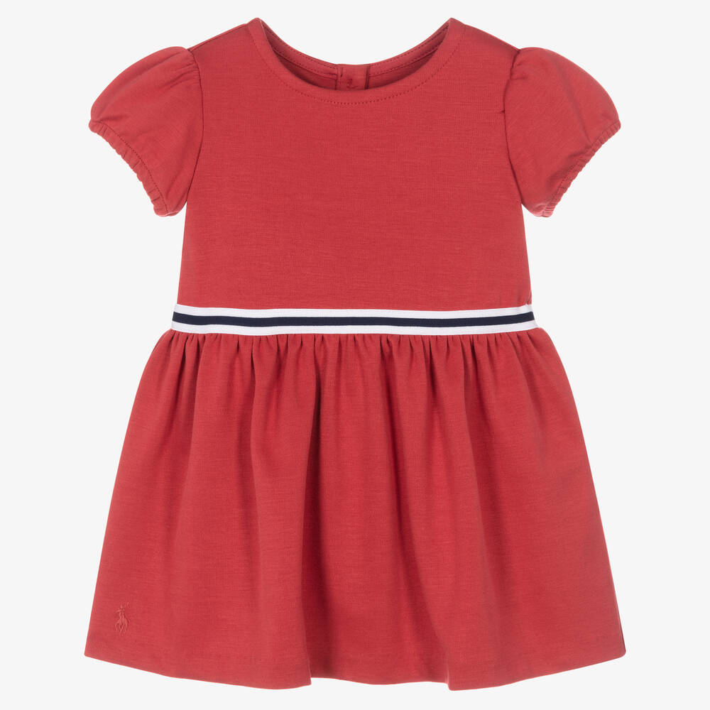 Ralph Lauren - فستان قطن جيرسي لون أحمر للمولودات | Childrensalon