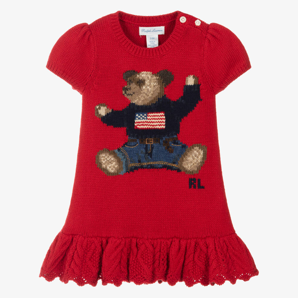 Ralph Lauren-Baby Girls Red Cotton Knit Polo Bear Dress | Childrensalon Outlet