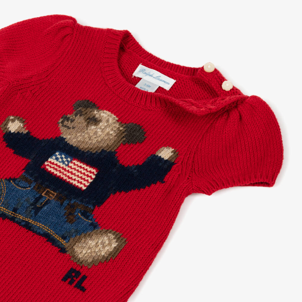 Ralph Lauren-Baby Girls Red Cotton Knit Polo Bear Dress | Childrensalon Outlet