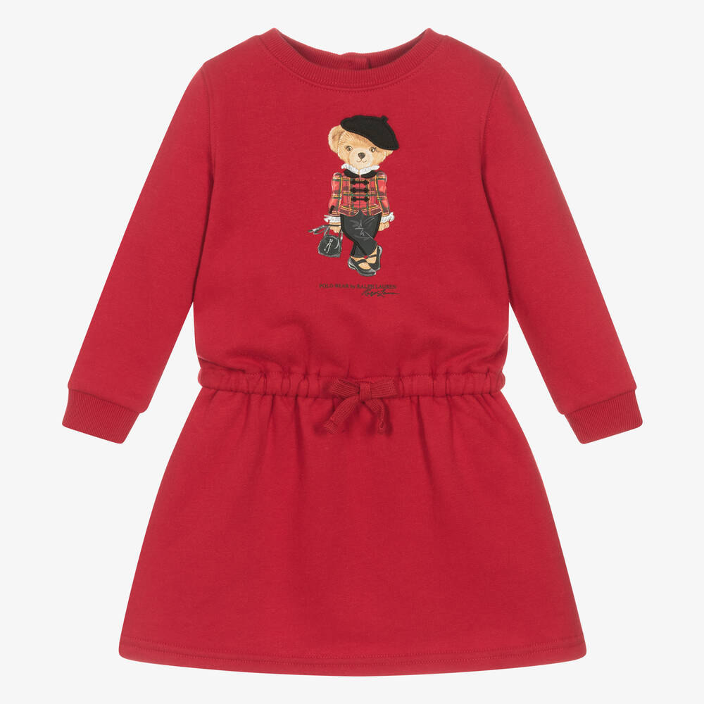 Ralph Lauren - Baby Girls Red Cotton Polo Bear Dress | Childrensalon