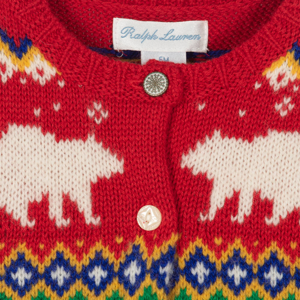 Ralph Lauren-كارديغان قطن وصوف محبوك لون أحمر للمولودات | Childrensalon Outlet