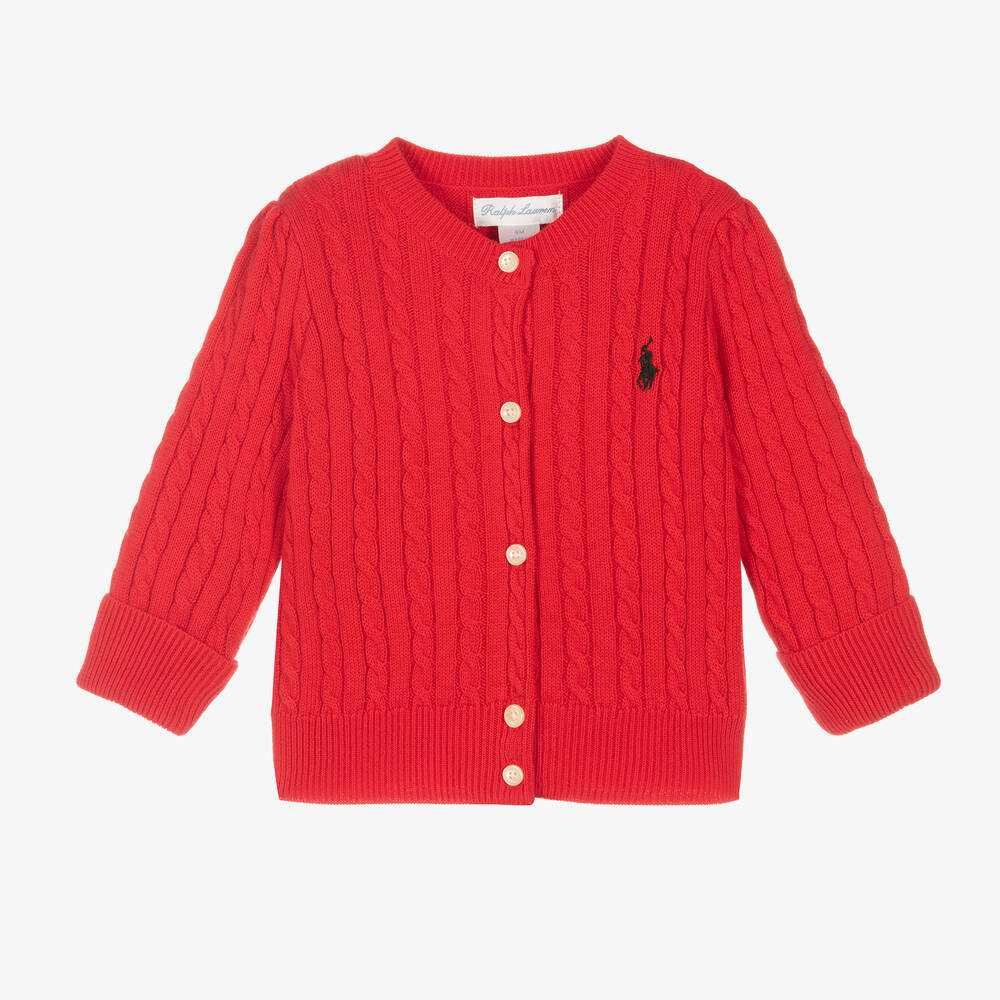 Ralph Lauren - Baby Girls Red Knit Cardigan | Childrensalon