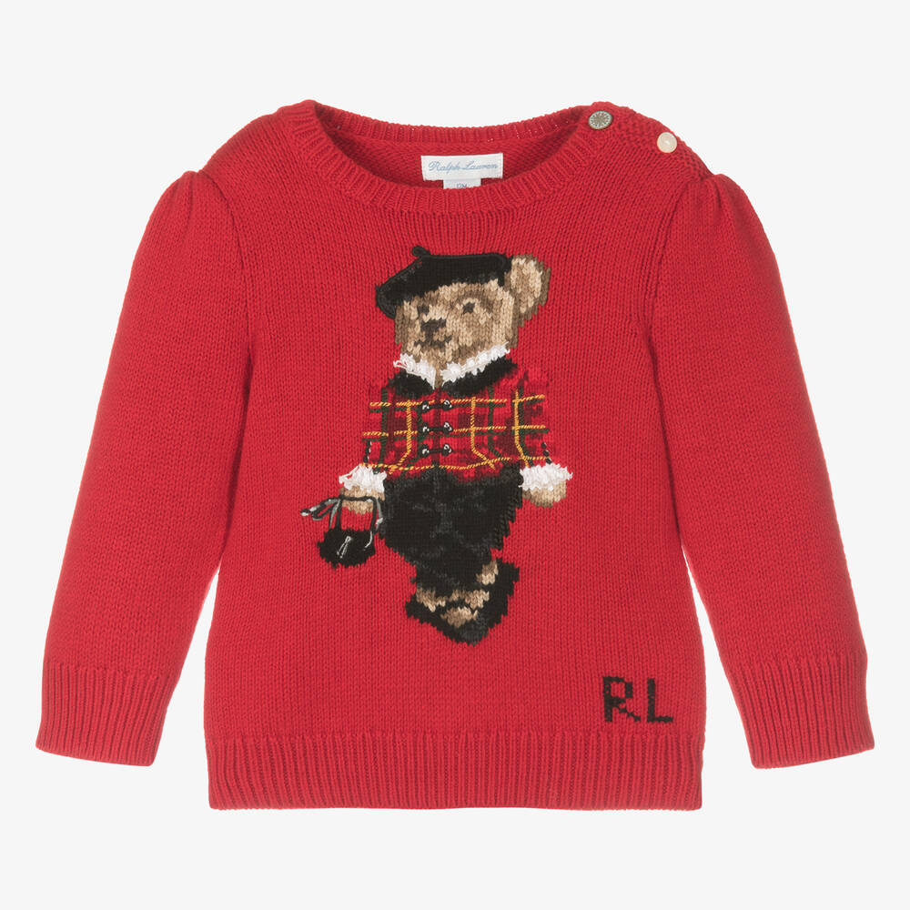 Ralph Lauren - Baby Girls Red Knit Polo Bear Sweater | Childrensalon