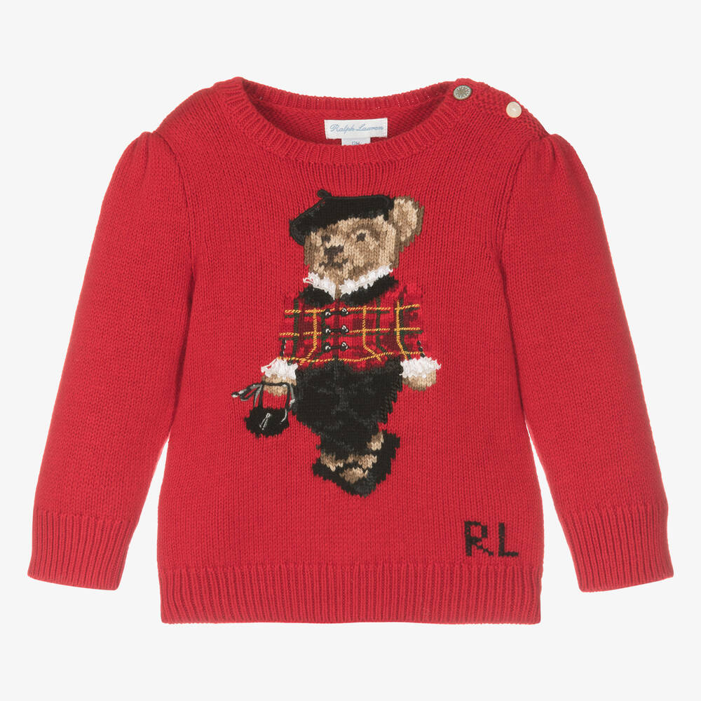 Ralph Lauren-Baby Girls Red Knit Polo Bear Sweater | Childrensalon Outlet