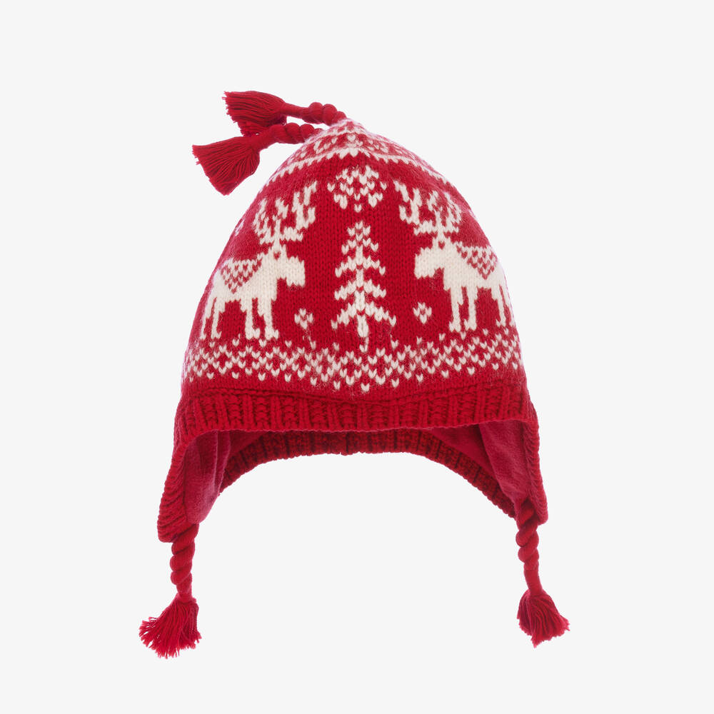 Ralph Lauren - Baby Girls Red Knitted Fair Isle Hat | Childrensalon