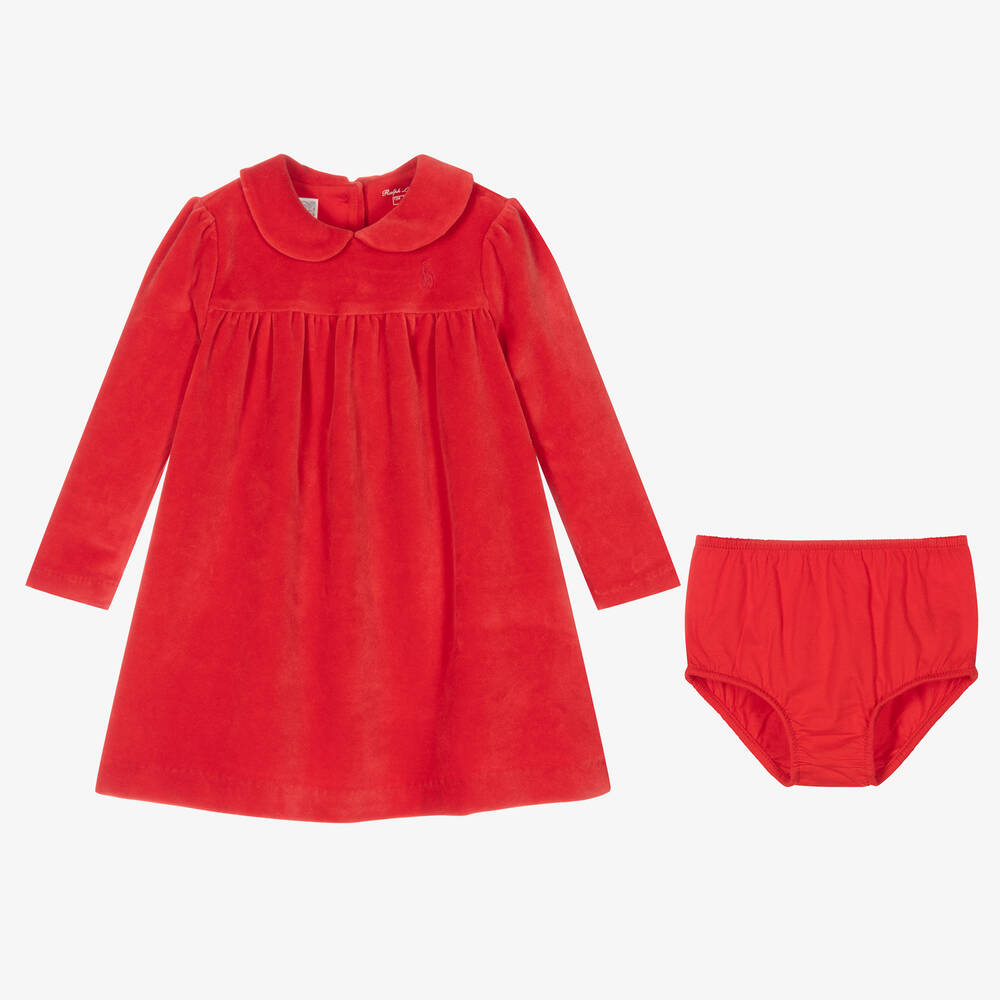 رالف لورين-فستان قطن قطيفة لون أحمر | Childrensalon Outlet