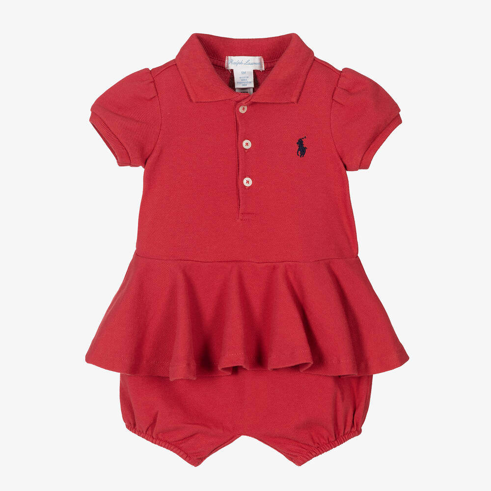 Ralph Lauren - فستان تبّان بولو قطن بيكيه لون أحمر للمولودات | Childrensalon