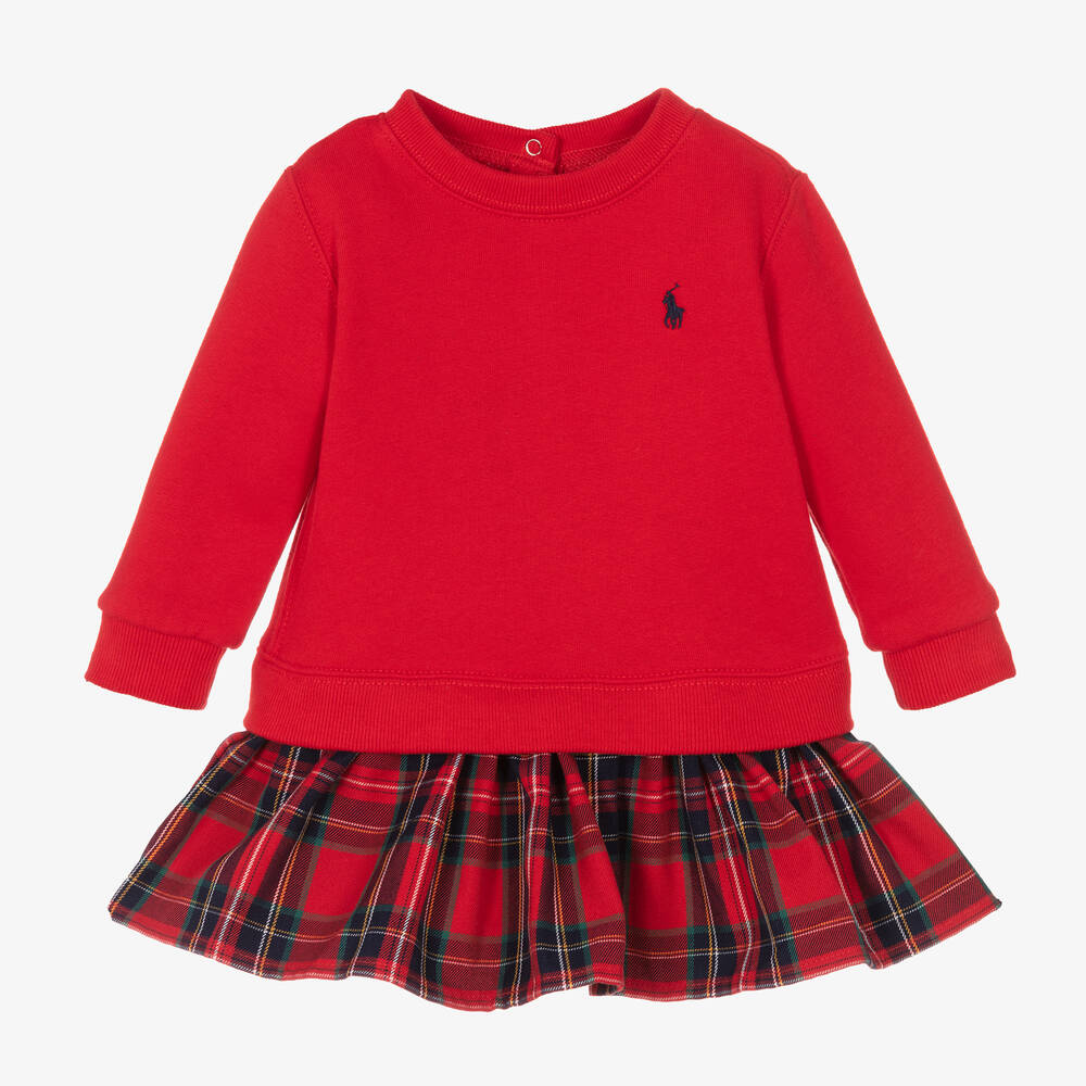 Ralph Lauren - فستان قطن جيرسي تارتان لون أحمر للمولودات | Childrensalon