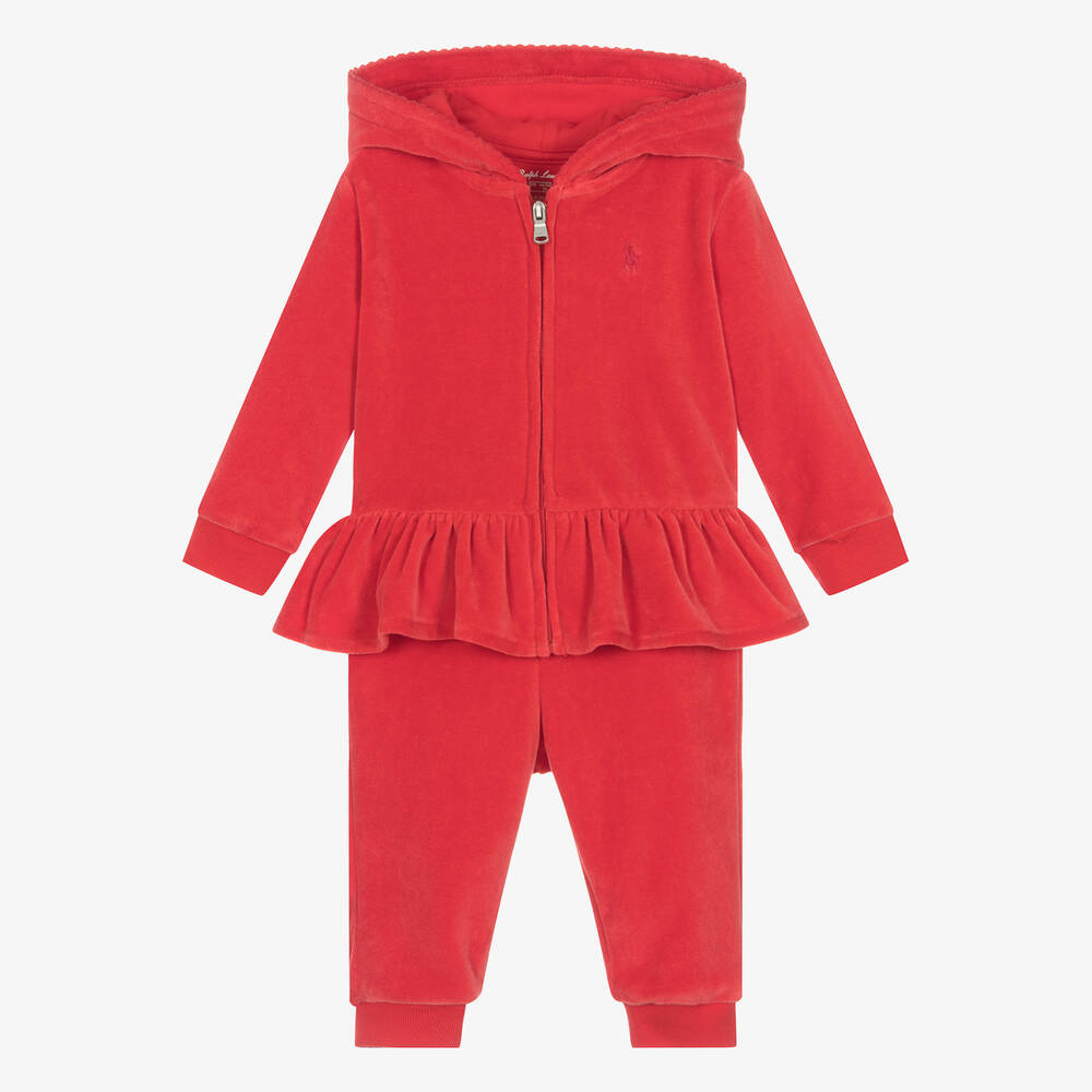 Ralph Lauren - بدلة رياضية قطن قطيفة لون أحمر للمولودات | Childrensalon