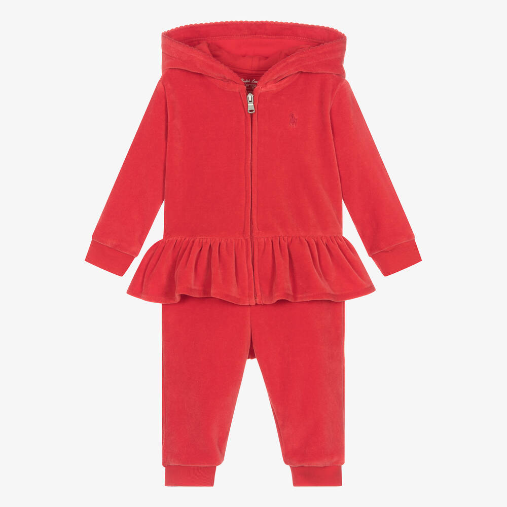 Ralph Lauren - Baby Girls Red Velour Peplum Tracksuit | Childrensalon