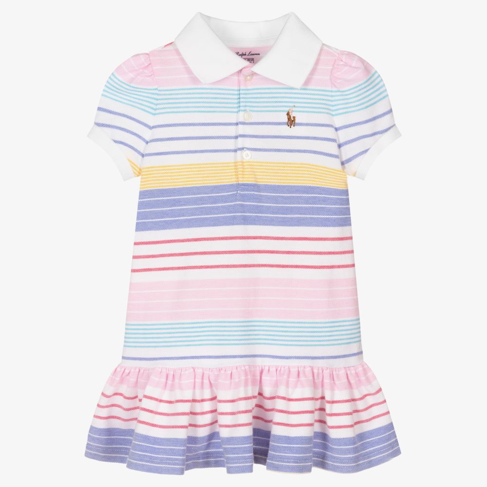 Ralph Lauren - طقم فستان قطن بيكيه لون أبيض ومقلم بطبعة ملونة | Childrensalon