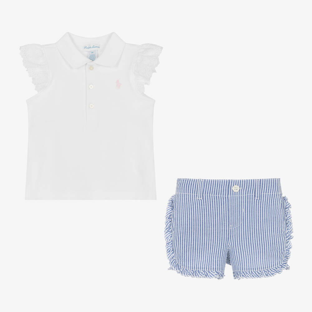 Ralph Lauren Baby Girls White Blue Cotton Shorts Set