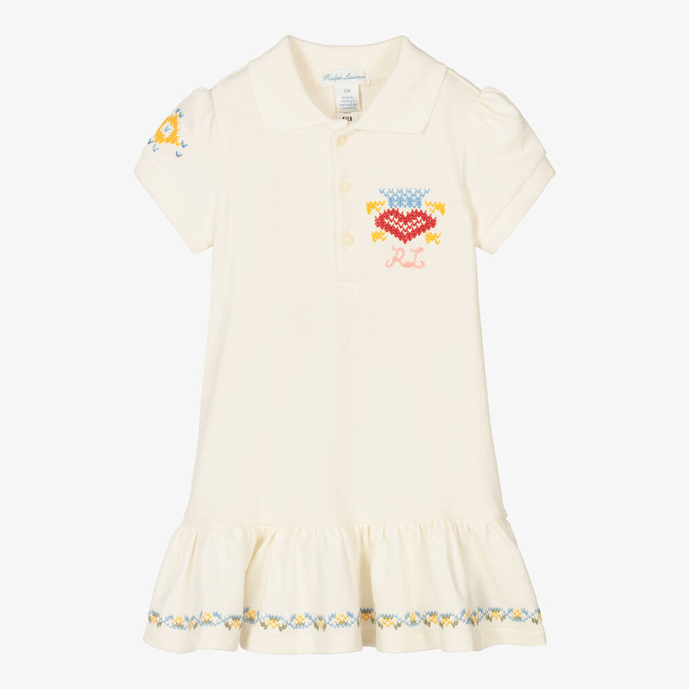 Ralph Lauren - Baby Girls White Cotton Piqué Polo Dress | Childrensalon