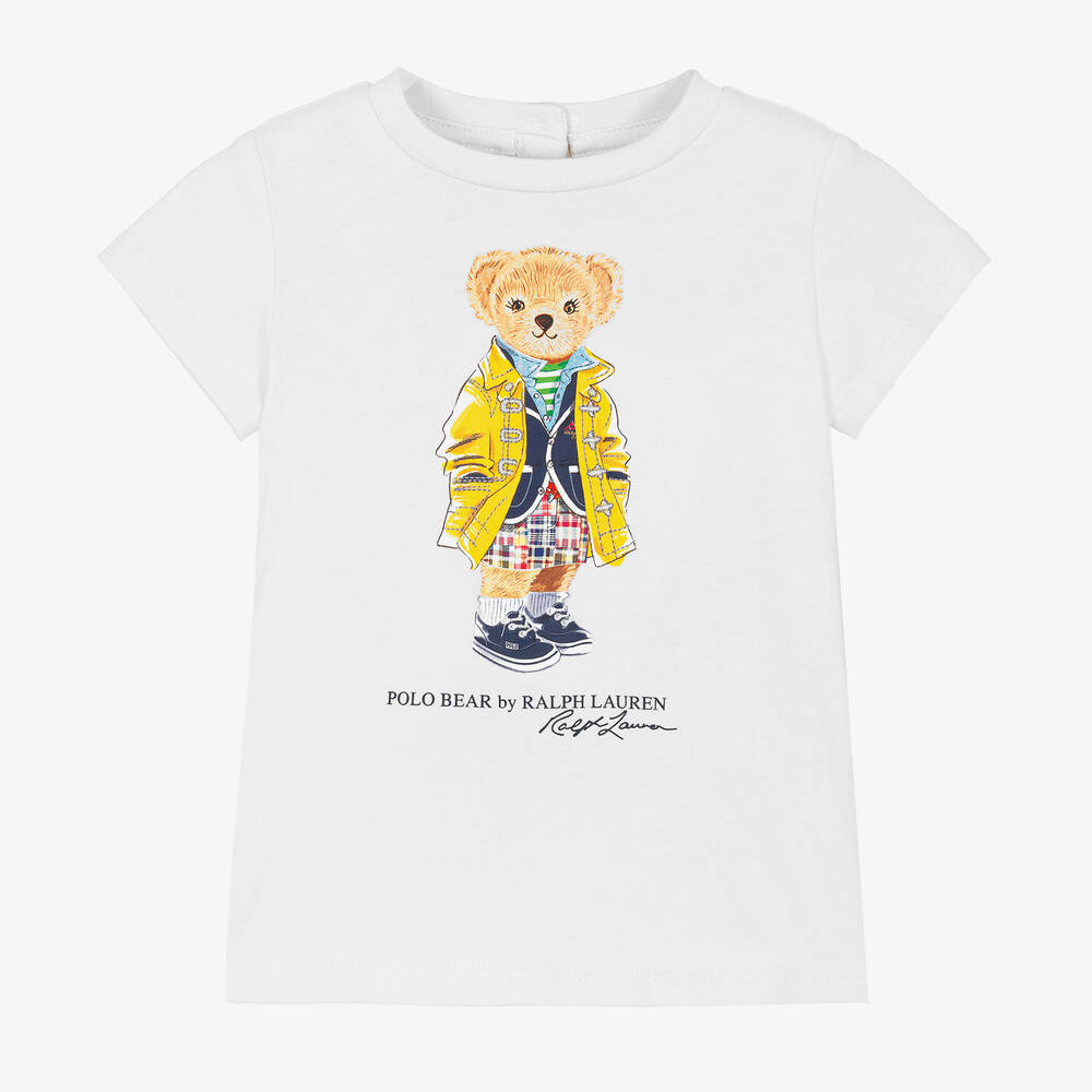 Ralph Lauren - Baby Girls White Cotton Polo Bear T-Shirt | Childrensalon