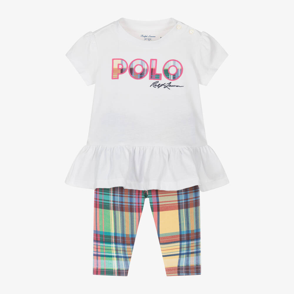 Ralph Lauren-Baby Girls White & Green Check Leggings Set | Childrensalon Outlet