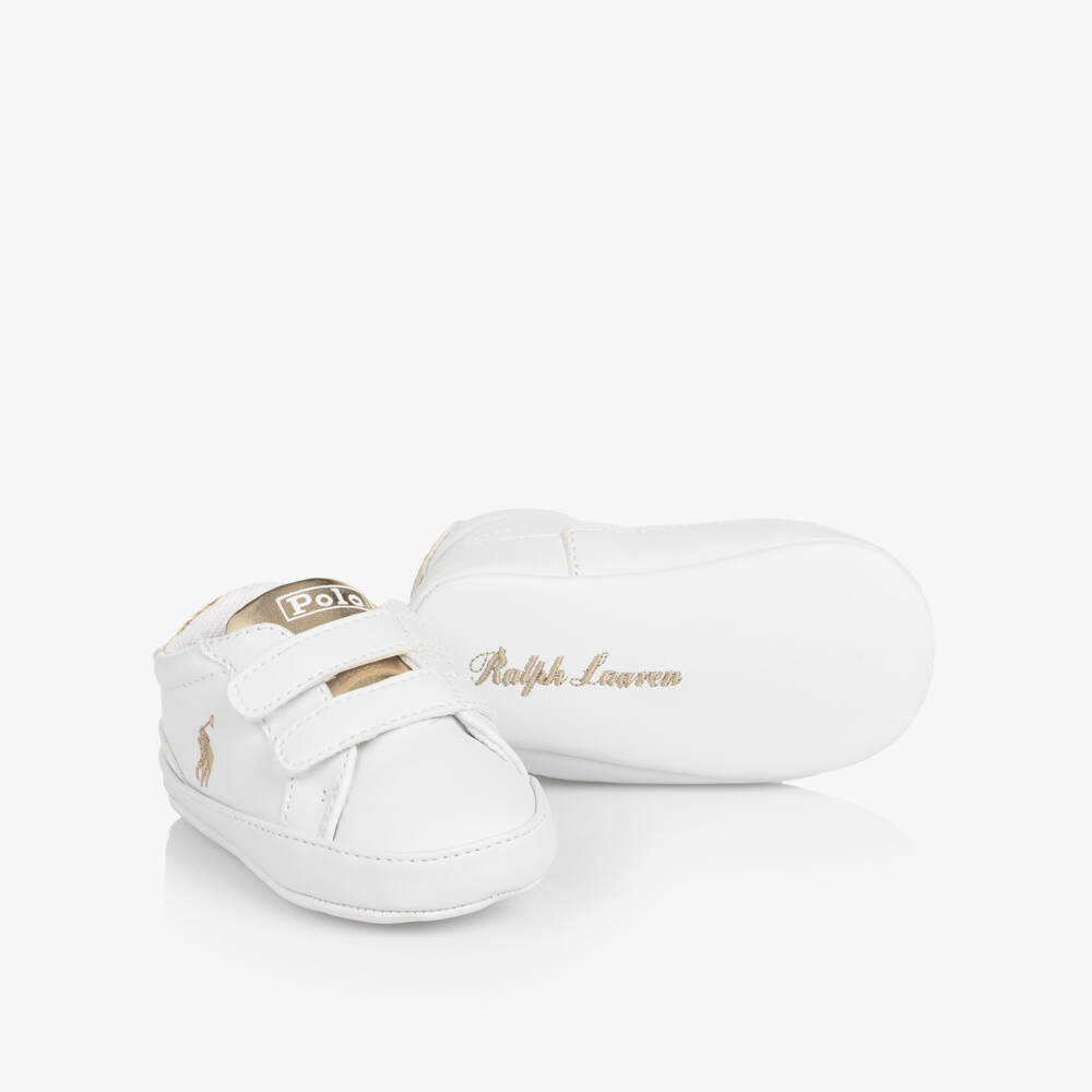 Ralph Lauren-Baby Girls White & Metallic Gold Pre-Walker Trainers | Childrensalon Outlet