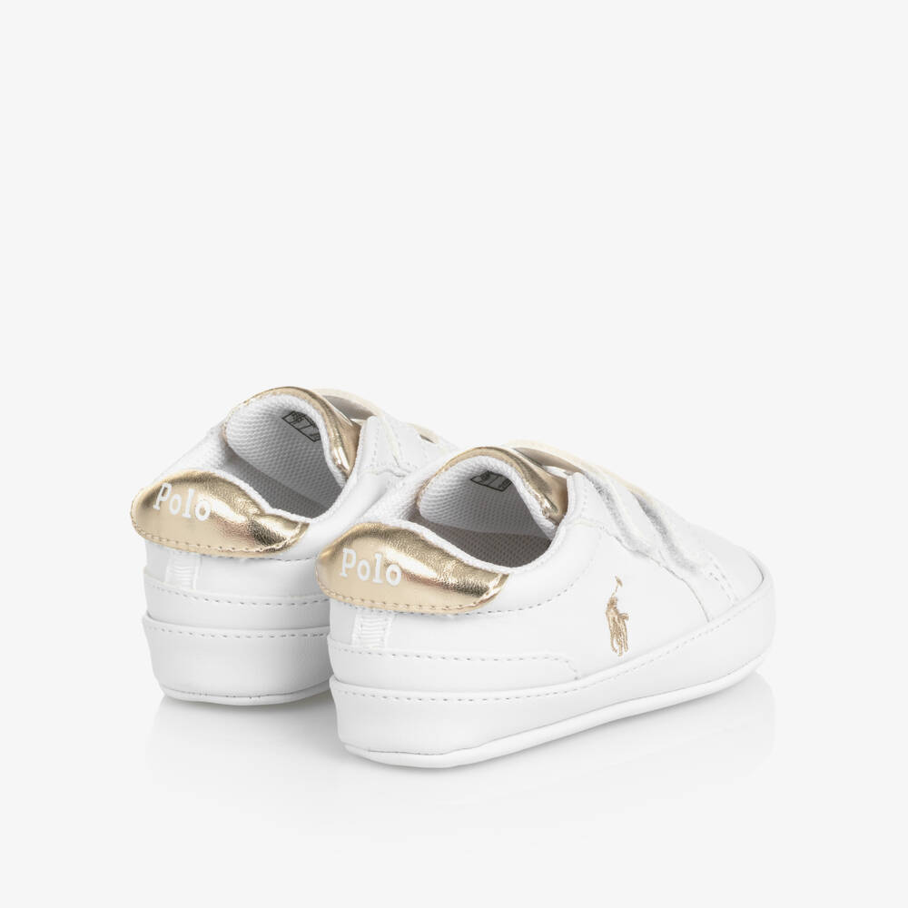 Ralph Lauren-Baby Girls White & Metallic Gold Pre-Walker Trainers | Childrensalon Outlet