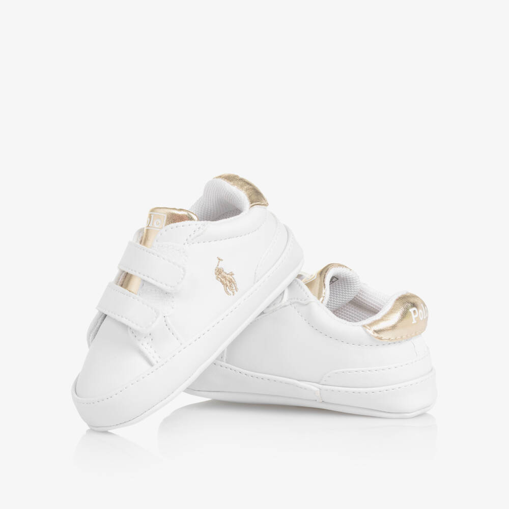 Ralph Lauren-Baby Girls White & Metallic Gold Pre-Walker Trainers | Childrensalon Outlet