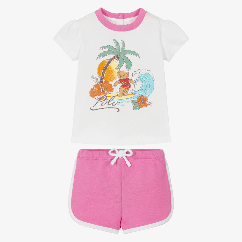 Ralph Lauren-Baby Girls White & Pink Polo Bear Shorts Set | Childrensalon Outlet