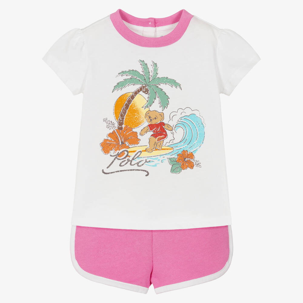 Ralph Lauren-Baby Girls White & Pink Polo Bear Shorts Set | Childrensalon Outlet