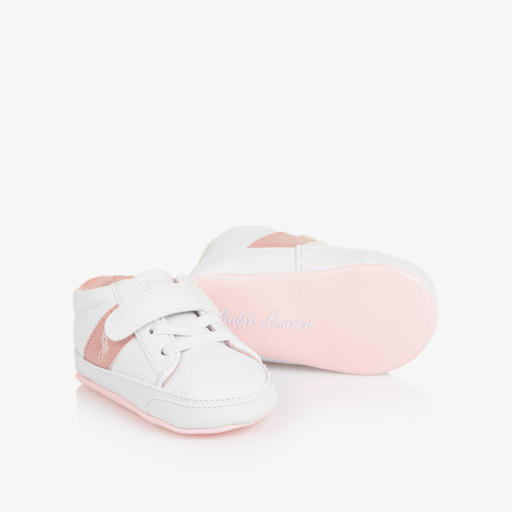 Ralph Lauren-Baby Girls White & Pink Pony Logo Pre-Walker Trainers | Childrensalon Outlet