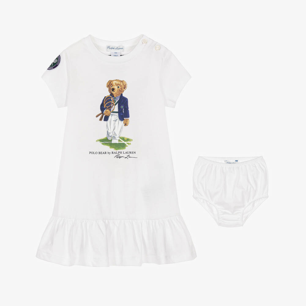 Ralph Lauren-Baby Girls White Wimbledon Collection Dress with Polo Bear | Childrensalon Outlet