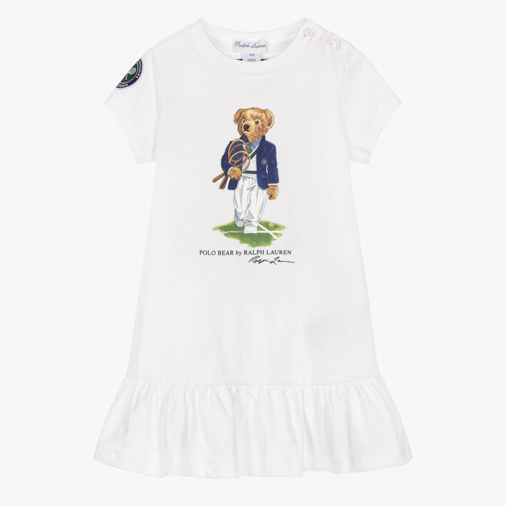 Ralph Lauren-Baby Girls White Wimbledon Collection Dress with Polo Bear | Childrensalon Outlet