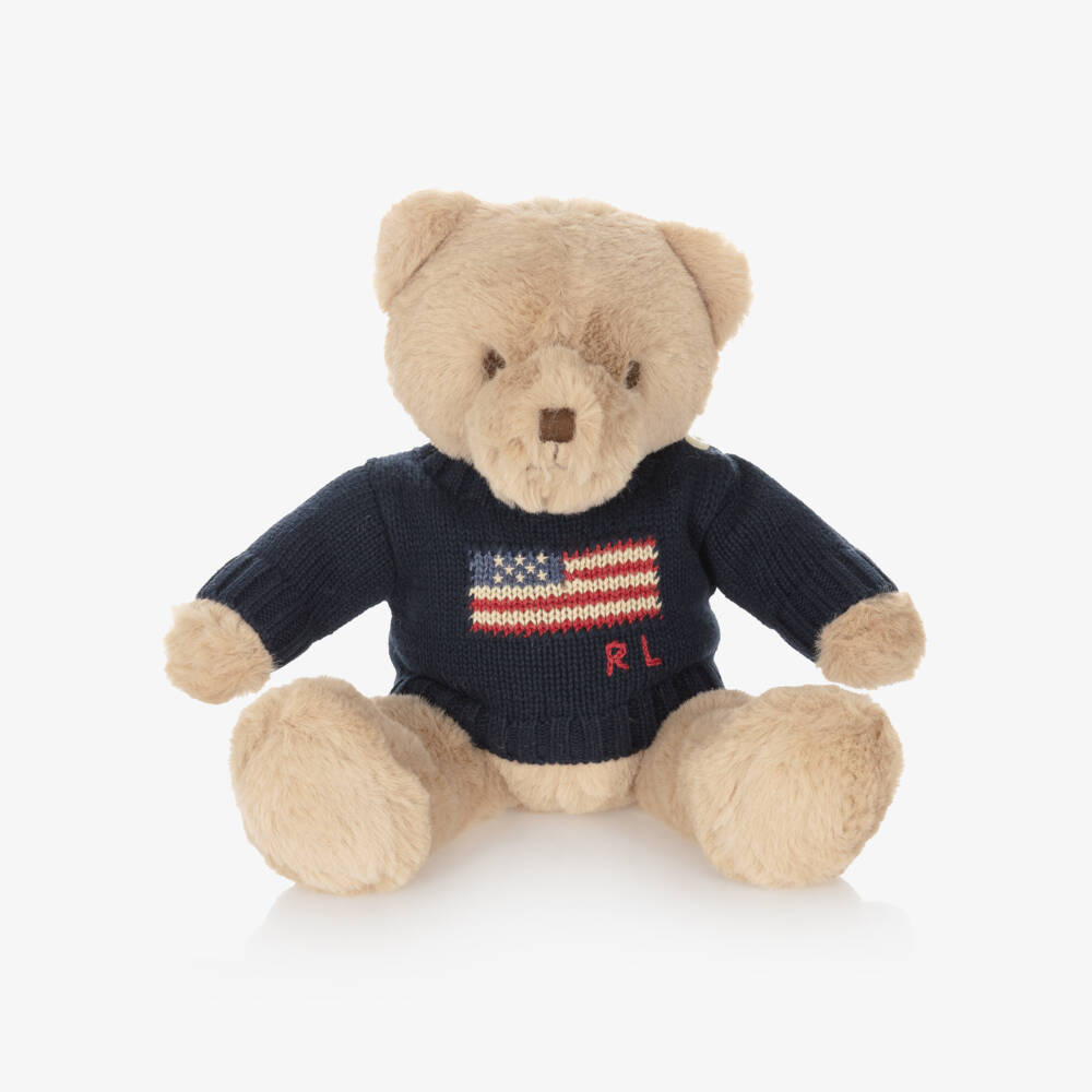 Ralph Lauren-Beige Polo Bear Soft Toy with Navy Blue Flag Sweater (20cm) | Childrensalon Outlet