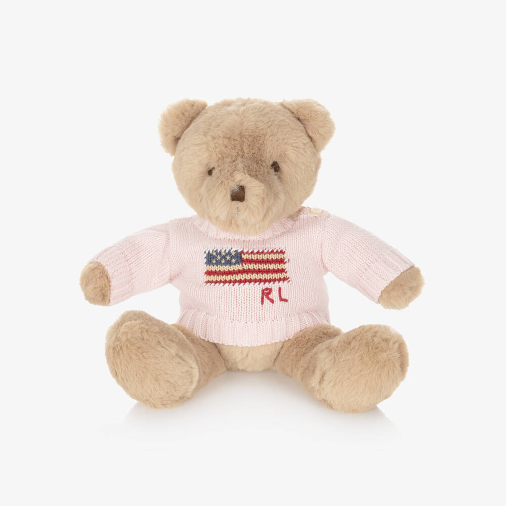 Ralph Lauren-Beige Polo Bear Soft Toy with Pink Flag Sweater (20cm) | Childrensalon Outlet