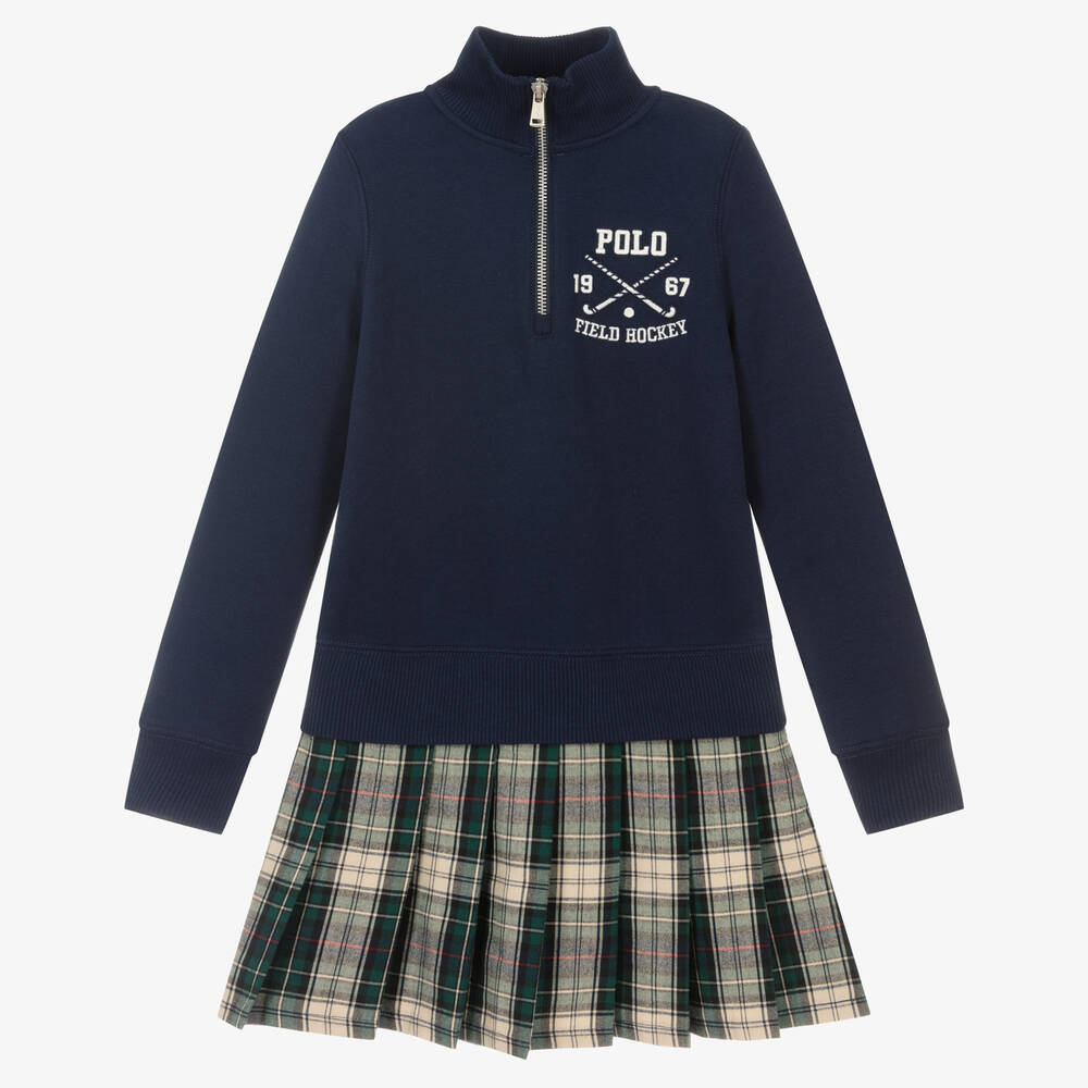 Polo Ralph Lauren - فستان بسحّاب قطن جيرسي كاروهات لون كحلي | Childrensalon