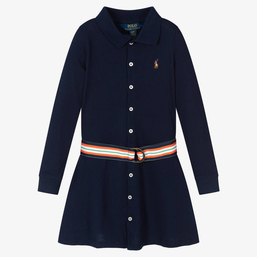 Polo Ralph Lauren - Robe bleue en piqué de coton à ceinture | Childrensalon