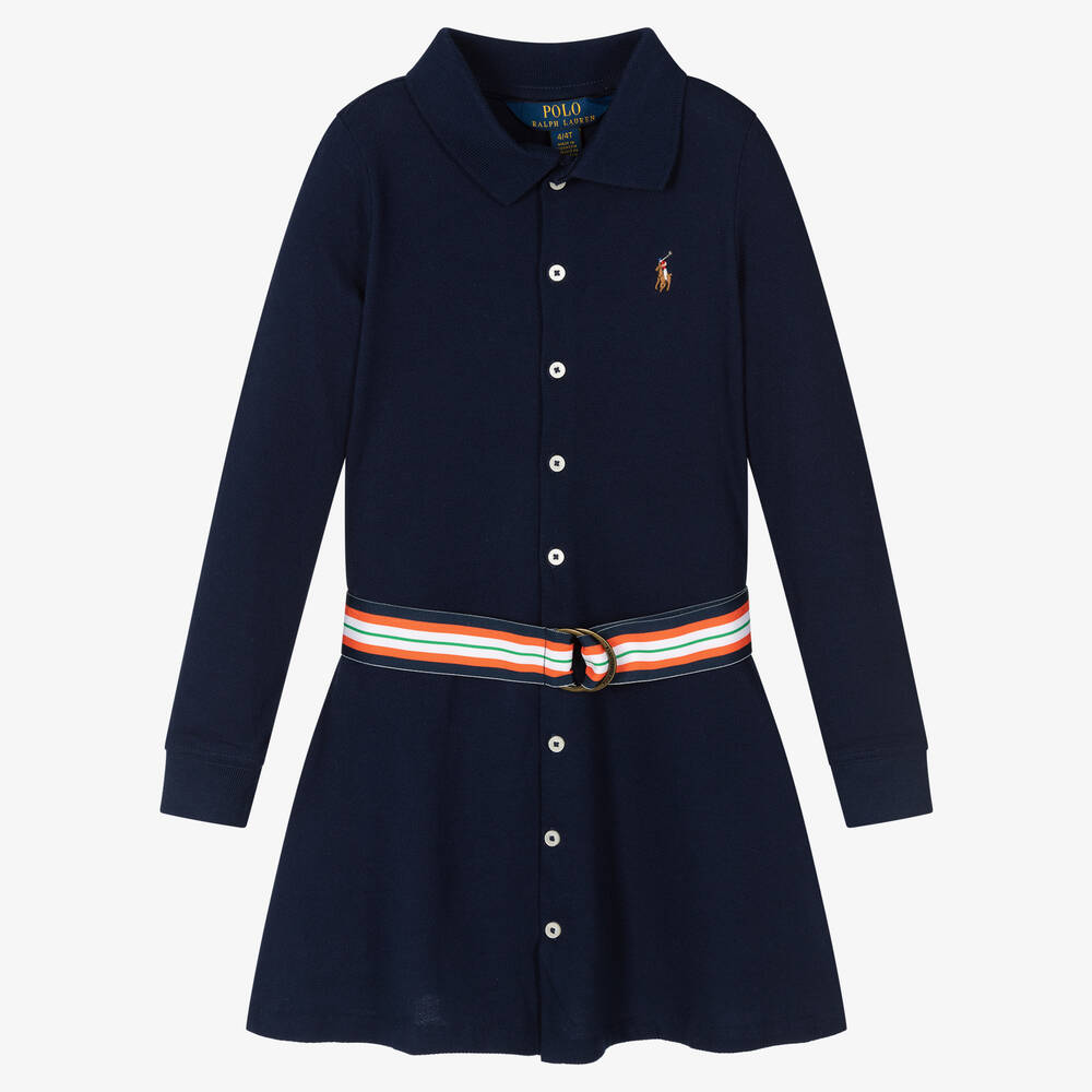 Polo Ralph Lauren - Синее хлопковое платье из пике с поясом | Childrensalon