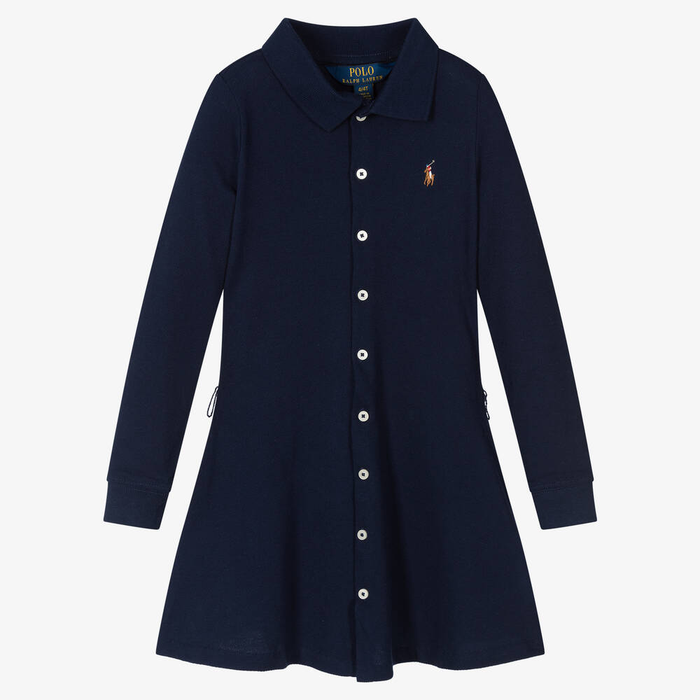 Polo رالف لورين-فستان بحزام قطن بيكيه لون كحلي | Childrensalon Outlet